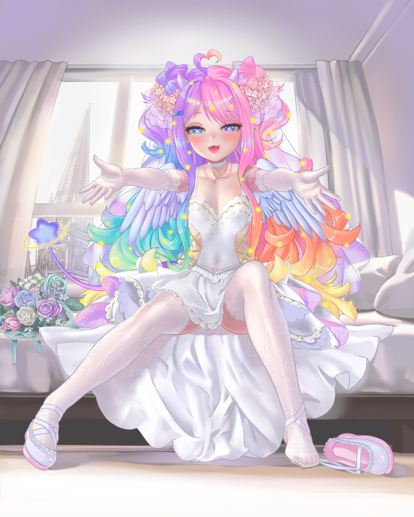 1girl, :d, absurdres, ahoge, ankle_ribbon, backlighting, beckoning, bed