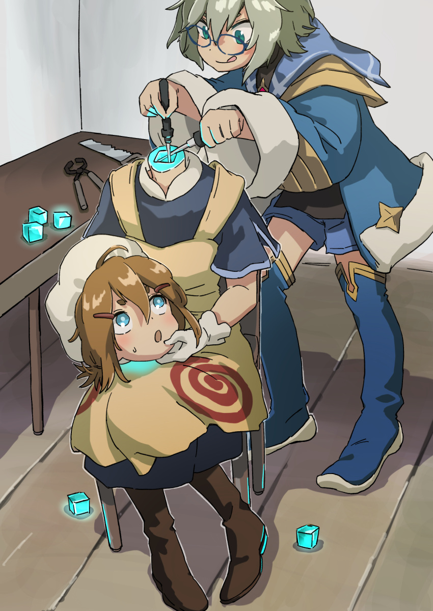 1boy, 1girl, :o, :q, android, blue-framed_eyewear, blue_eyes, blue_footwear, blue_shorts, blush, boots, brown_footwear, cube, disembodied_head, dress, full_body, glasses, green_eyes, hair_between_eyes, hair_ornament, hairclip, hat, highres, holding_head, long_sleeves, medium_dress, original, saw, screwdriver, short_sleeves, shorts, stevia_(vanillaklein), sweatdrop, thigh_boots, tongs, tongue, tongue_out, vanilla_(vanillaklein), vanillaklein, white_hat, wide_sleeves