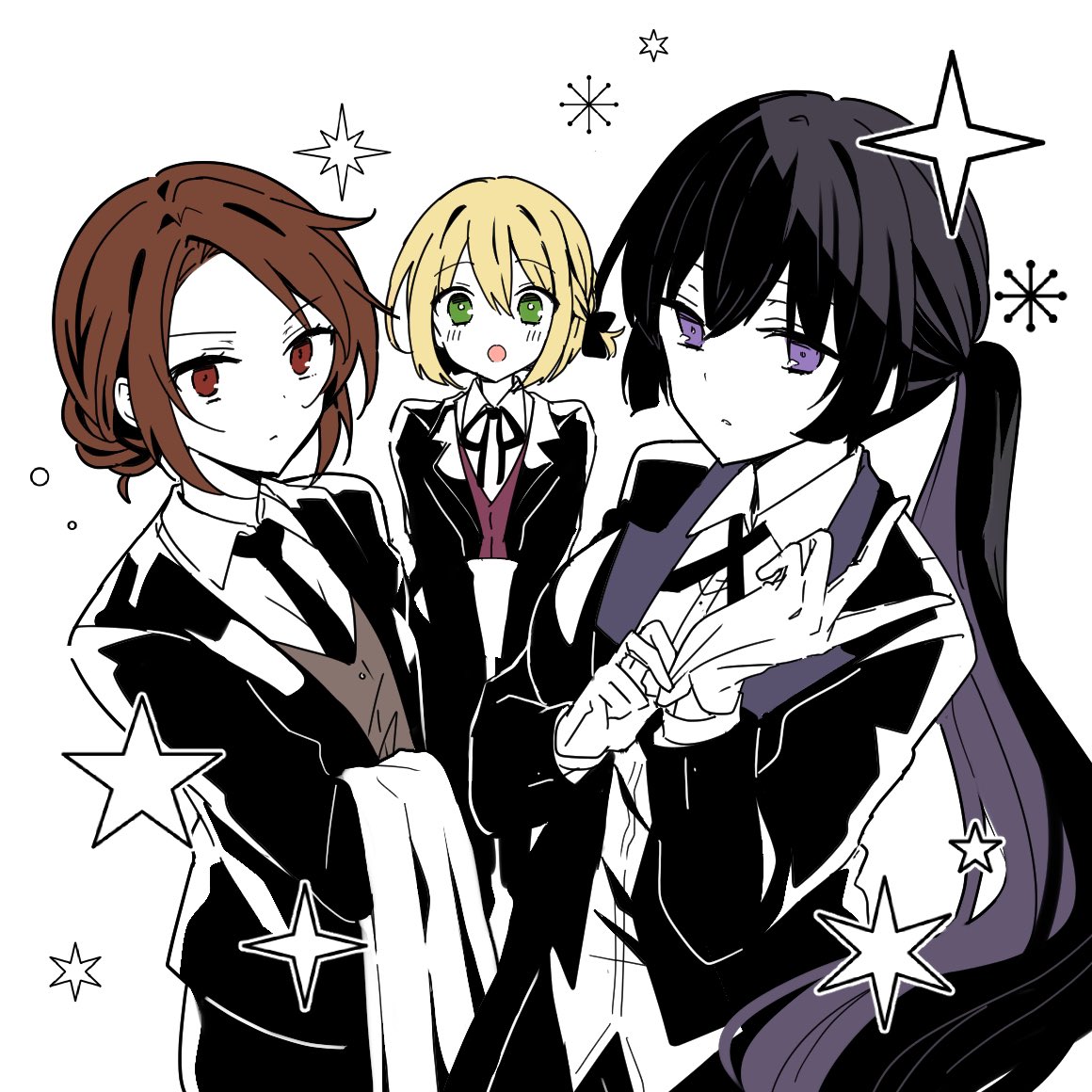 3girls, :o, adjusting_clothes, adjusting_gloves, ashikari_ibara, black_hair, blonde_hair, blush
