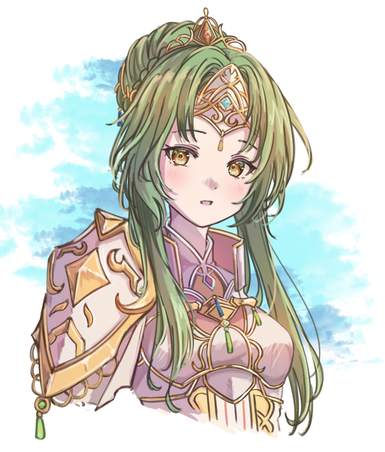 1girl, :d, armor, braid, braided_bun, elincia_ridell_crimea, elincia_ridell_crimea_(undaunted_queen), fire_emblem