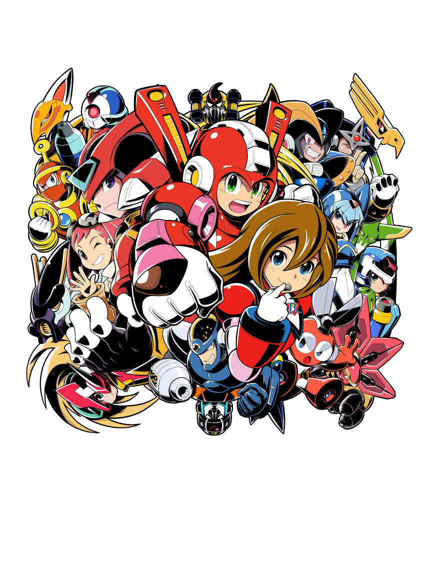 4girls, 6+boys, absurdres, aero_(mega_man), aile_(mega_man_zx), android, arm_cannon, aztec_falcon_(mega_man)
