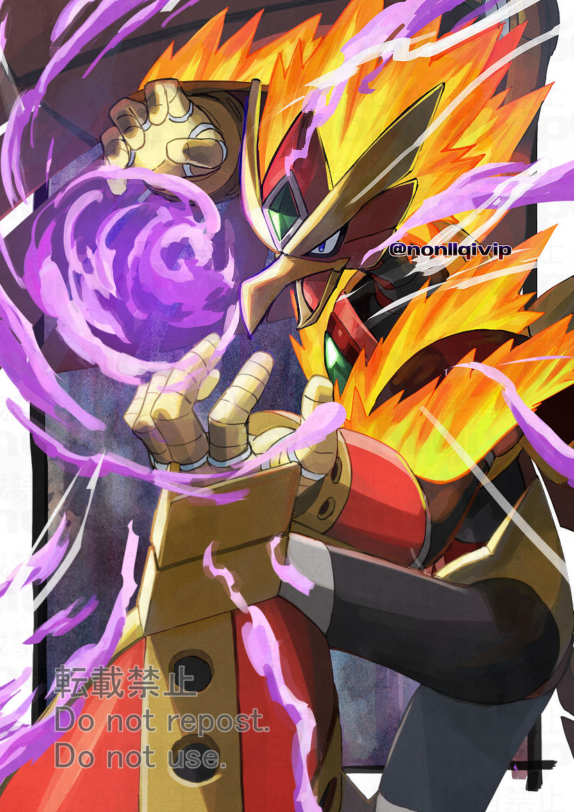 1boy, aura, beak, bird, blaze_heatnix_(mega_man), fiery_hair, fire, glitch