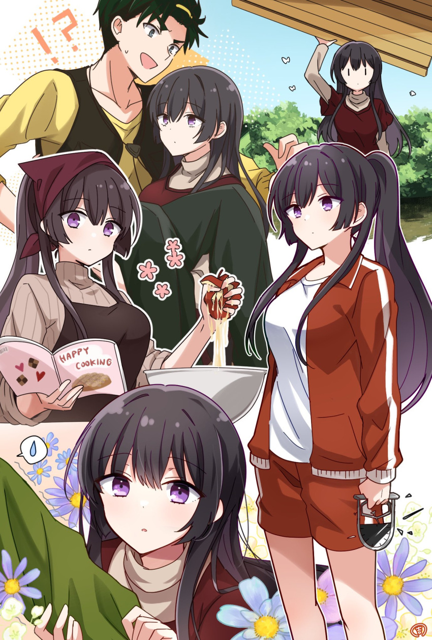 apron, black_hair, breasts, collared_shirt, cooking, enkichi, expressionless, flower
