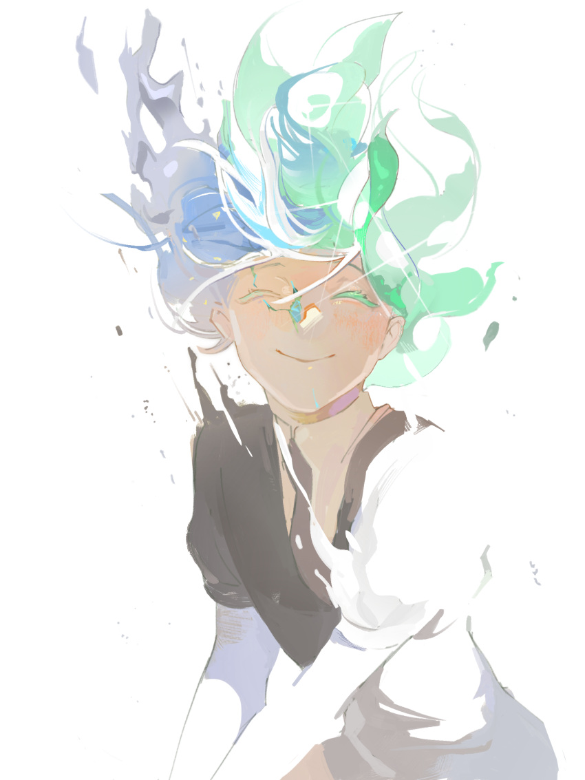 1other, androgynous, aqua_hair, black_necktie, blue_hair, blush, chinese_commentary, closed_mouth, collared_shirt, colored_eyelashes, commentary_request, cracked_skin, crystal_hair, dissolving, dissolving_clothes, facing_viewer, floating_hair, gem_uniform_(houseki_no_kuni), green_hair, grey_hair, hair_floating_upwards, happy, highres, houseki_no_kuni, mismatched_eyelashes, multicolored_hair, necktie, other_focus, phosphophyllite, puffy_short_sleeves, puffy_sleeves, shirt, short_hair, short_sleeves, simple_background, smile, solo, sparkle, spoilers, torn_clothes, upper_body, v_arms, white_background, white_shirt, xiaoxiaoguguzi