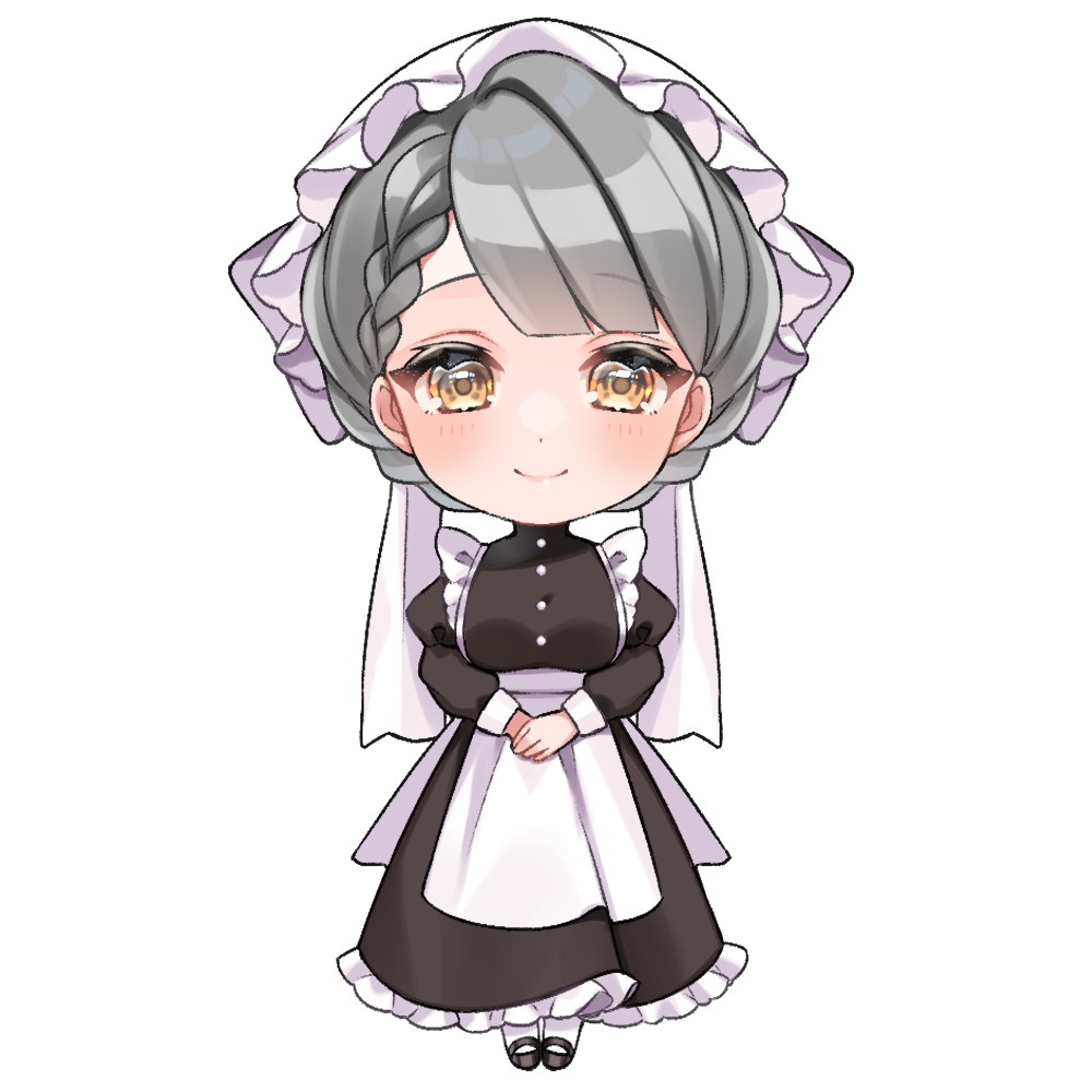 1girl, anzu_1026, apron, black_dress, black_footwear, blunt_bangs, braid, chibi, dress, frilled_dress, frills, grey_hair, hat, maid_apron, mob_cap, nana-chan_(wactor_production), official_art, own_hands_together, short_hair, simple_background, smile, solo, wactor_production, white_apron, white_background, white_mob_cap, yellow_eyes