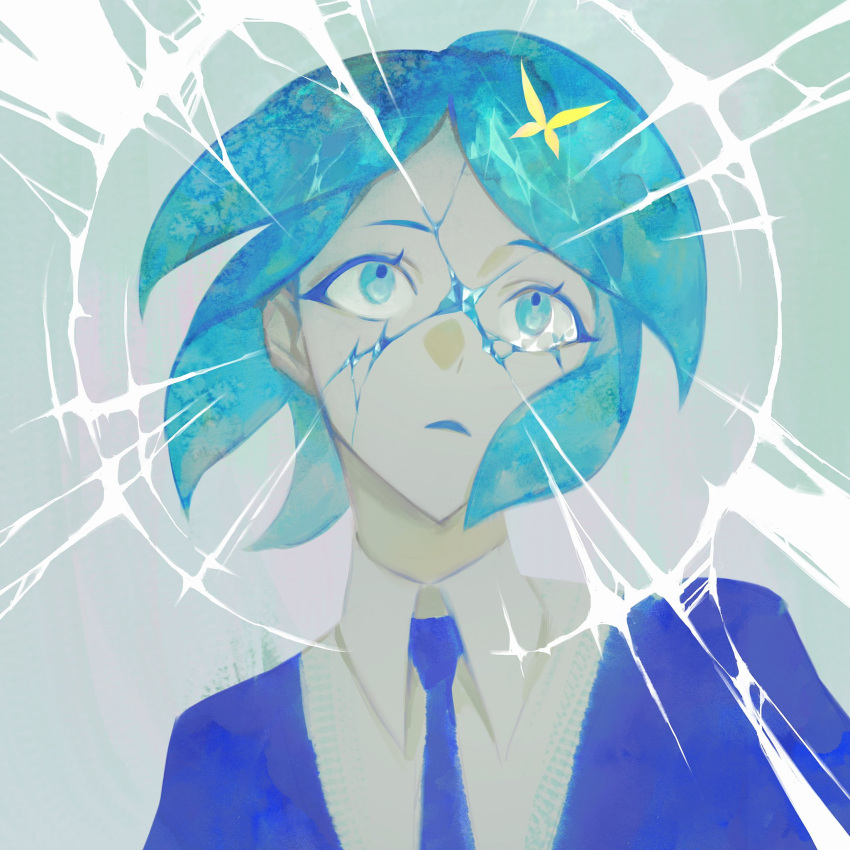 1other, androgynous, aqua_eyes, aqua_hair, commentary, cracked_skin, crystal_hair, english_commentary