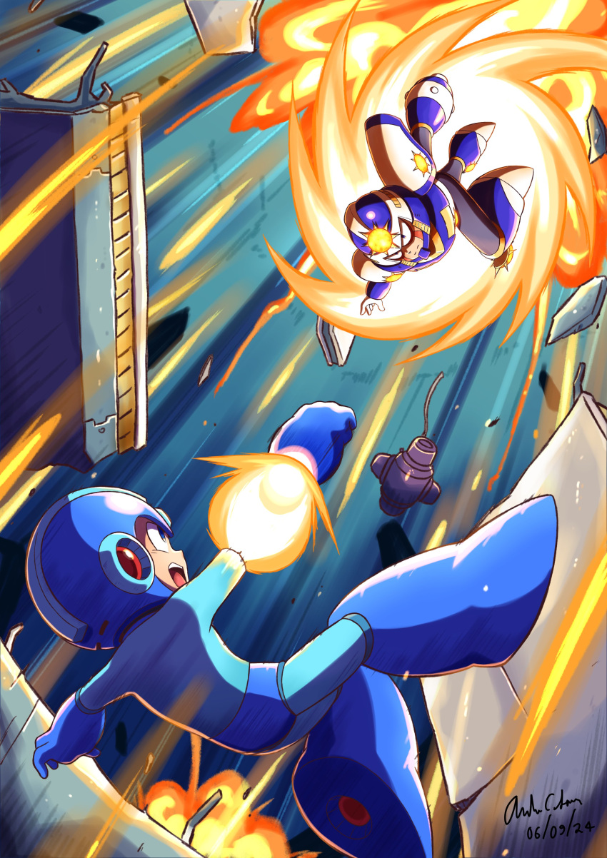 2boys, absurdres, armor, aura, battle, black_bodysuit, blue_armor, blue_bodysuit, blue_helmet, bodysuit, clenched_hand, dated, highres, innovator123, male_focus, mega_man_(character), mega_man_(classic), mega_man_(series), mega_man_day, mega_man_v, multiple_boys, rocket_punch, signature, sunstar_(mega_man)