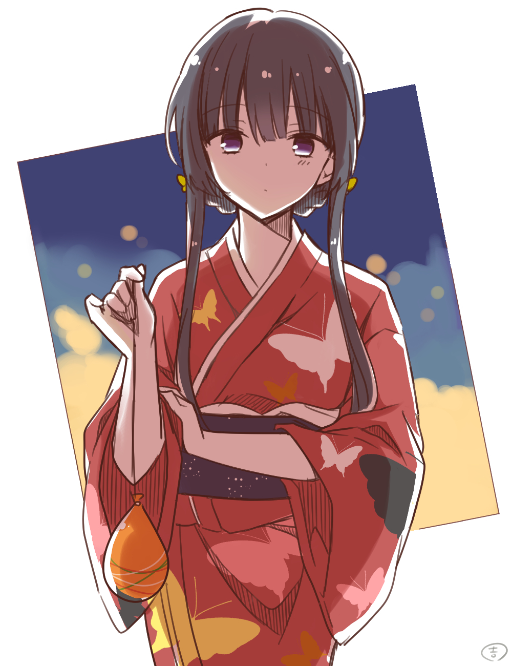 black_hair, bug, butterfly, enkichi, expressionless, hair_between_eyes, hair_up, highres