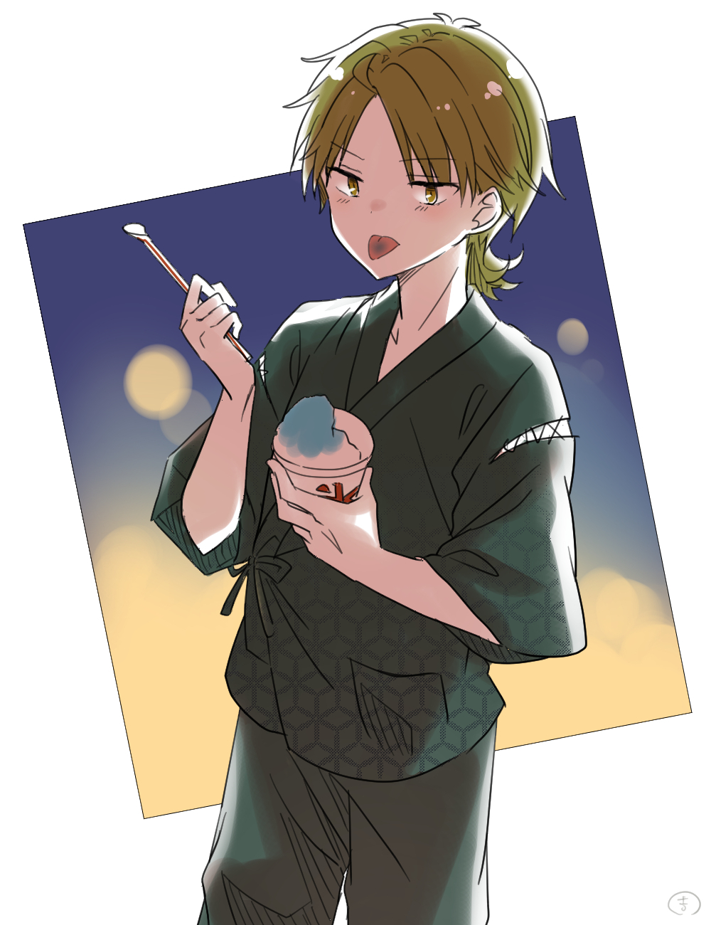 blush, eating, enkichi, food, green_eyes, green_hair, green_kimono, highres
