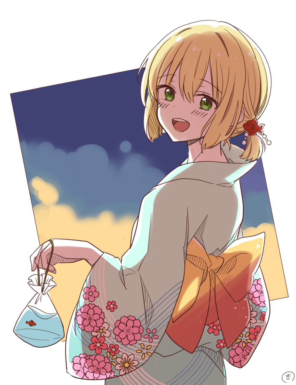 blonde_hair, blush, enkichi, fish, fish_hair_ornament, goldfish, green_eyes, hair_between_eyes