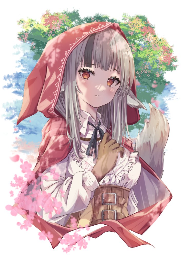 1girl, animal_ears, black_hair, black_ribbon, breasts, brown_corset, brown_gloves, cape
