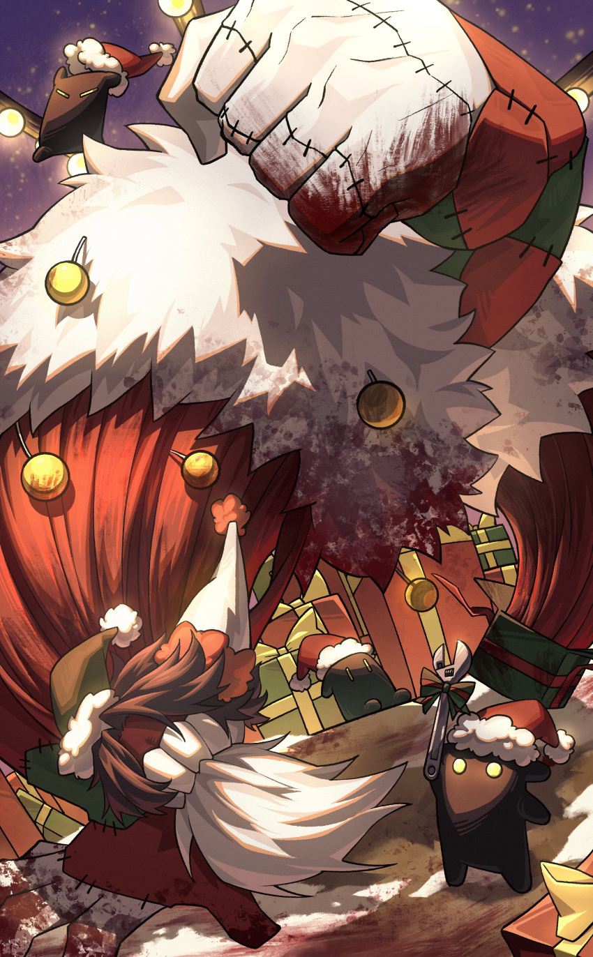 14_shizu, 1boy, absurdres, beard, blood, blood_on_hands, brown_hair, christmas_ornaments