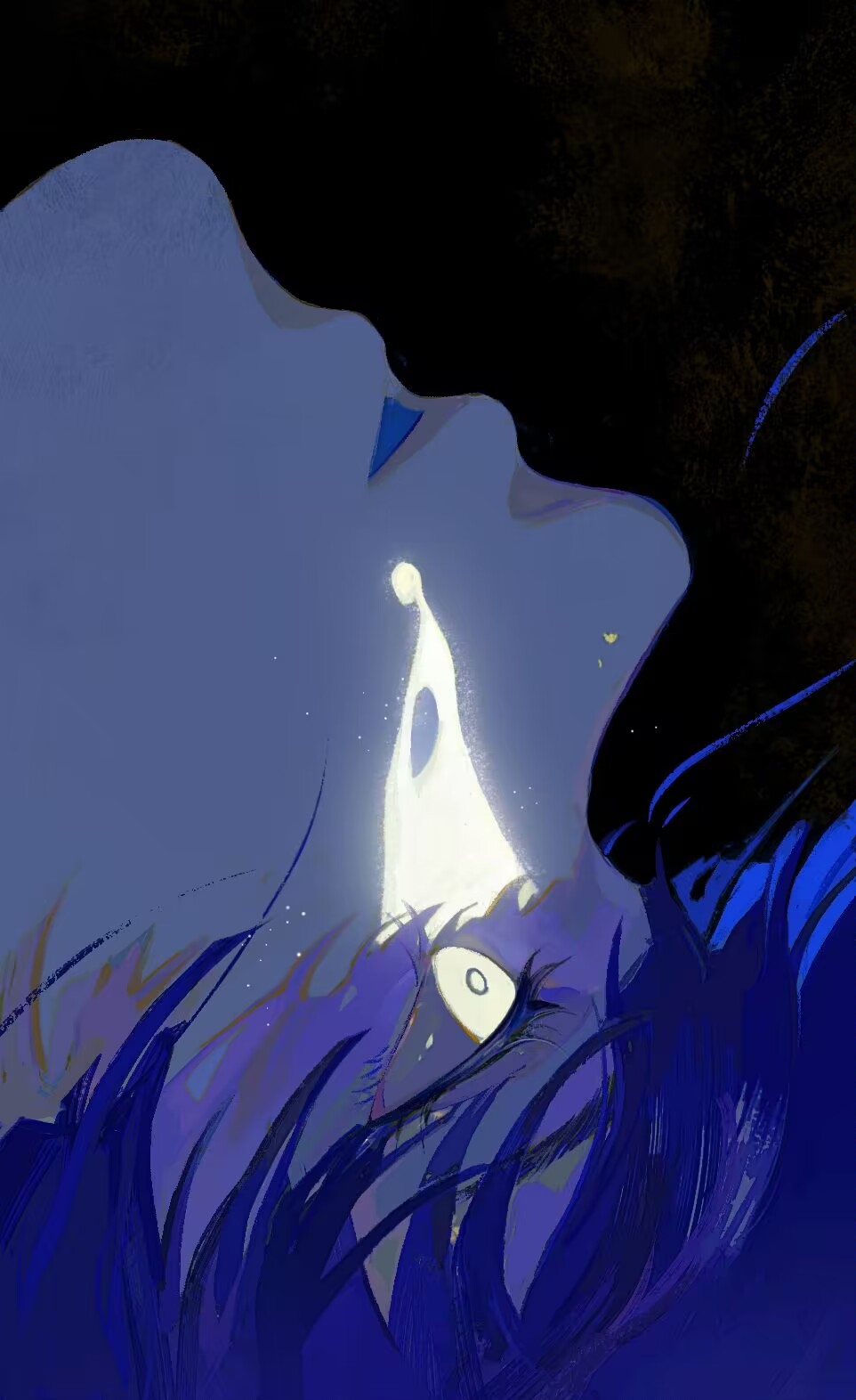 2others, alternate_body_fluid, black_background, blue_hair, blue_theme, colored_eyelashes, crying, double_exposure