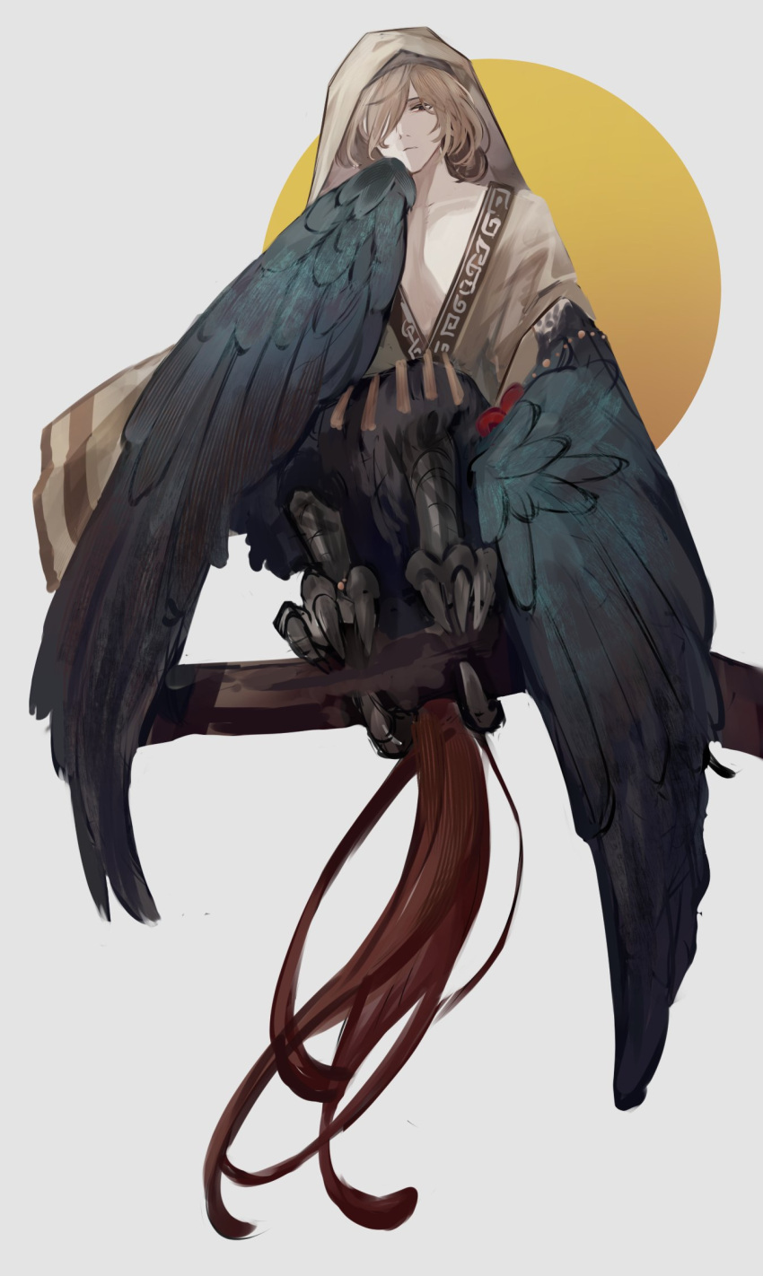 1boy, bird_legs, bird_tail, bird_wings, black_eyes, brown_hair, chinese_clothes, circle