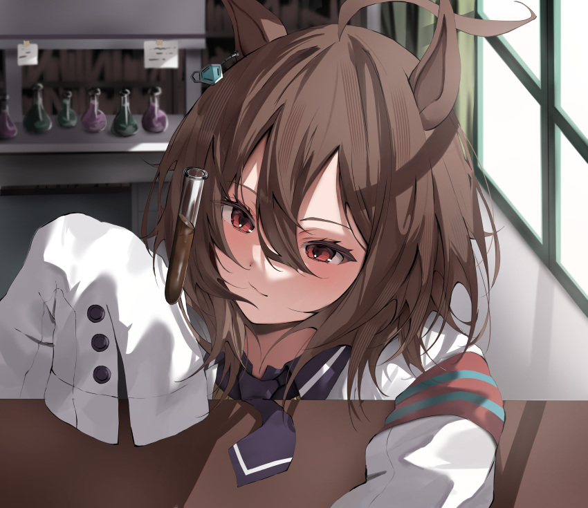 1girl, absurdres, agnes_tachyon_(umamusume), animal_ears, black_necktie, black_shirt, breasts, brown_hair