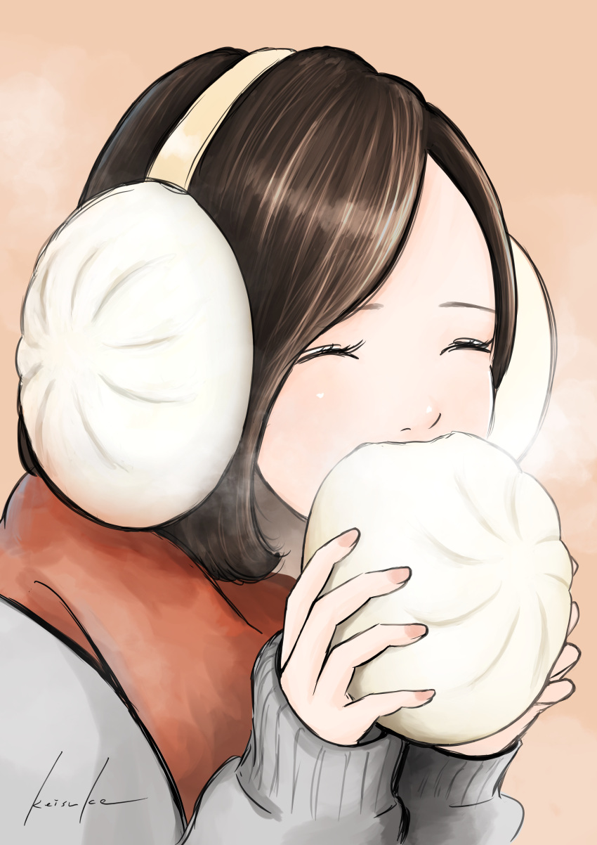 1girl, absurdres, baozi, biting, bob_cut, breath, brown_background, brown_hair