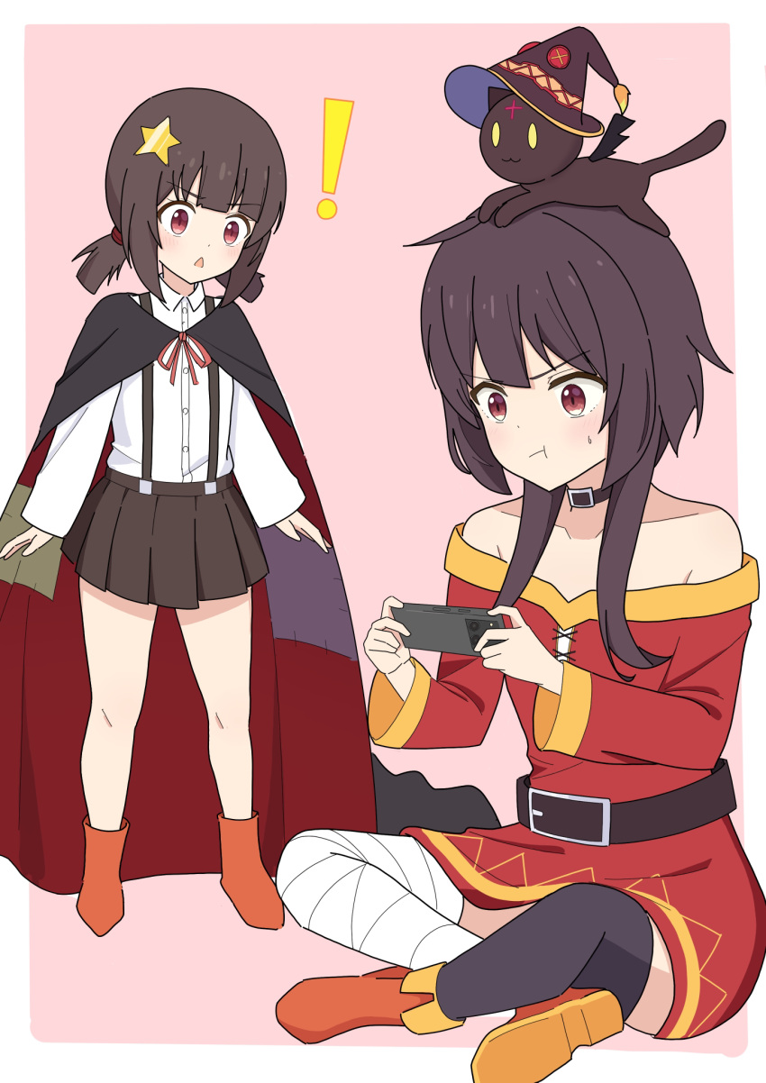!, 2girls, :3, animal_on_head, bandaged_leg, bandages, bare_shoulders, black_cape, black_cat, black_choker, black_hair, black_hat, black_skirt, black_thighhighs, blush, boots, border, bucho1182, cape, cat, choker, chomusuke, closed_mouth, commentary_request, crossed_legs, dress, hair_ornament, hat, highres, holding, holding_phone, komekko, kono_subarashii_sekai_ni_shukufuku_wo!, long_hair, megumin, multiple_girls, on_head, open_mouth, orange_footwear, outside_border, phone, pink_background, red_dress, red_eyes, shirt, short_hair, short_twintails, siblings, single_thighhigh, sisters, sitting, skirt, standing, star_(symbol), star_hair_ornament, suspender_skirt, suspenders, sweatdrop, thigh-highs, twintails, white_border, white_shirt