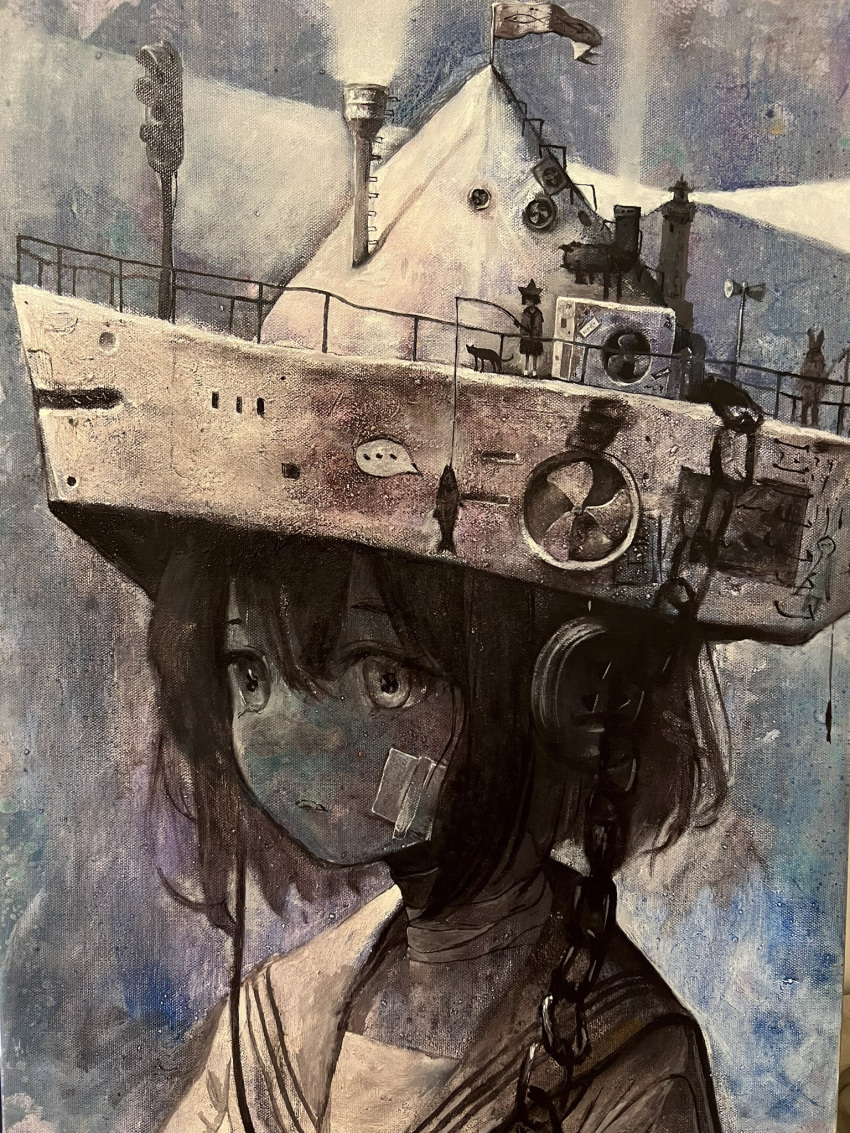 ..., 2girls, american_flag, bandages, bandaid, bandaid_on_face, black_hair, bob_cut