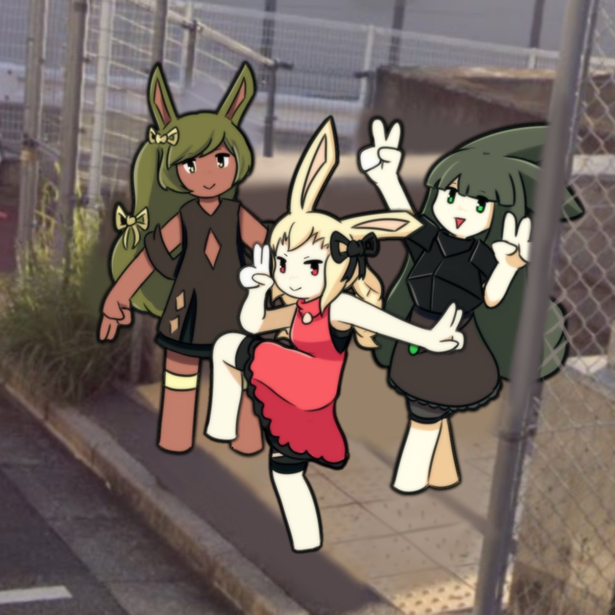 3girls, animal_ears, armor, barefoot, black_armor, black_dress, black_ribbon, black_skirt