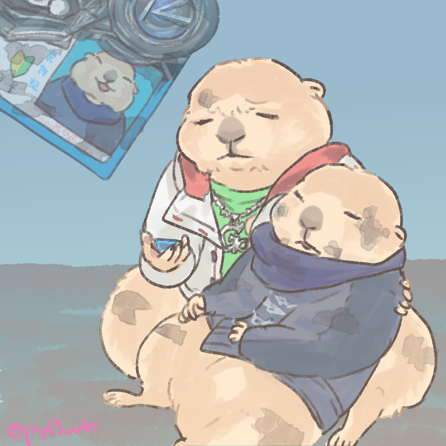2boys, animal_focus, body_fur, brown_fur, chase_(kamen_rider_drive), chase_(kamen_rider_drive)_(cosplay), closed_eyes, cosplay, green_shirt, holding, hood, hood_down, hooded_jacket, jacket, kamen_rider, kamen_rider_drive_(series), multiple_boys, prairie_dog, purple_jacket, py0wwk, shijima_gou, shijima_gou_(cosplay), shirt, unconscious, white_jacket