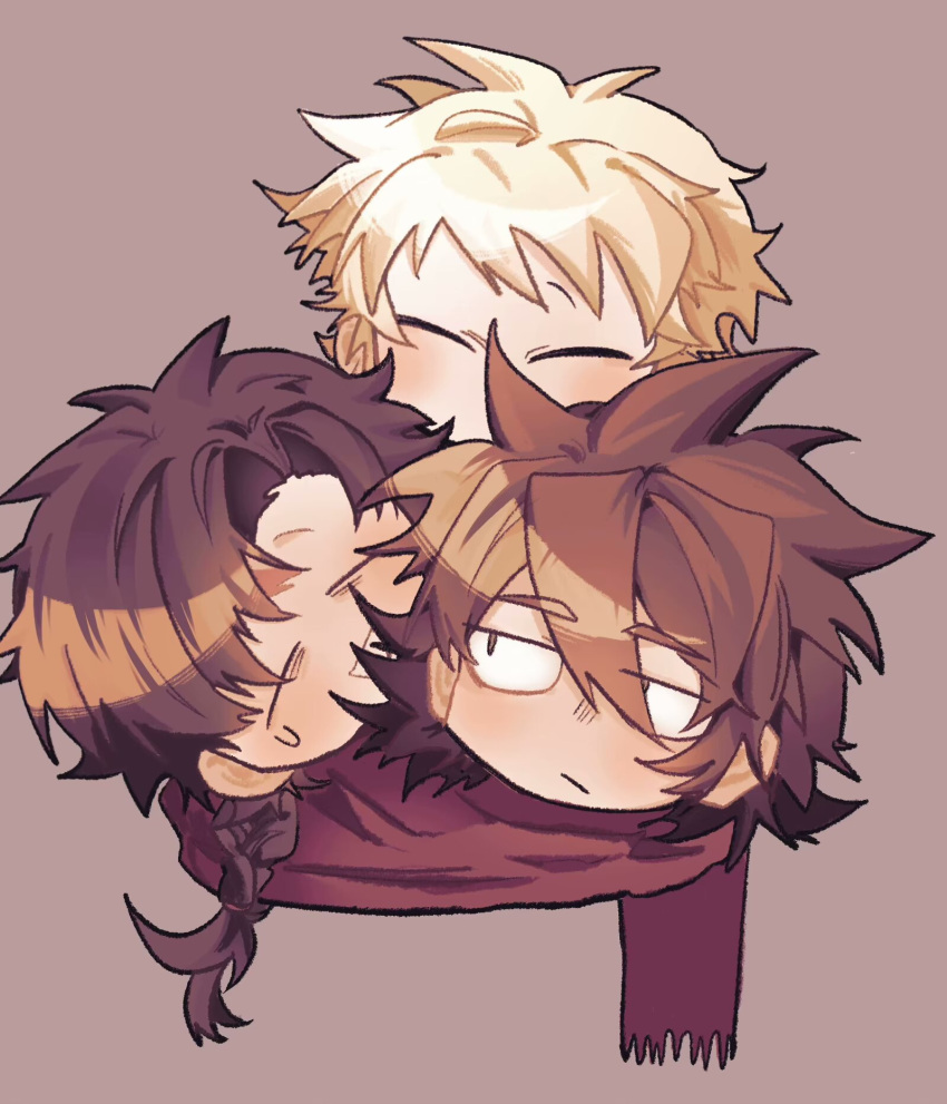 3boys, :/, atou_haruki, blonde_hair, braid, brown_background, brown_eyes, brown_hair