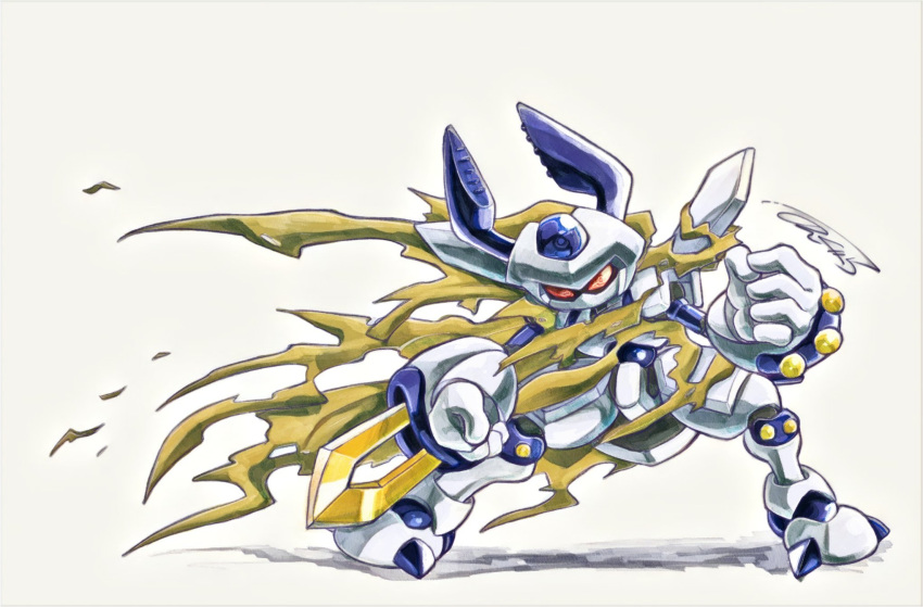 1boy, arm_blade, armor, brown_cloak, cloak, full_body, highres, humanoid_robot