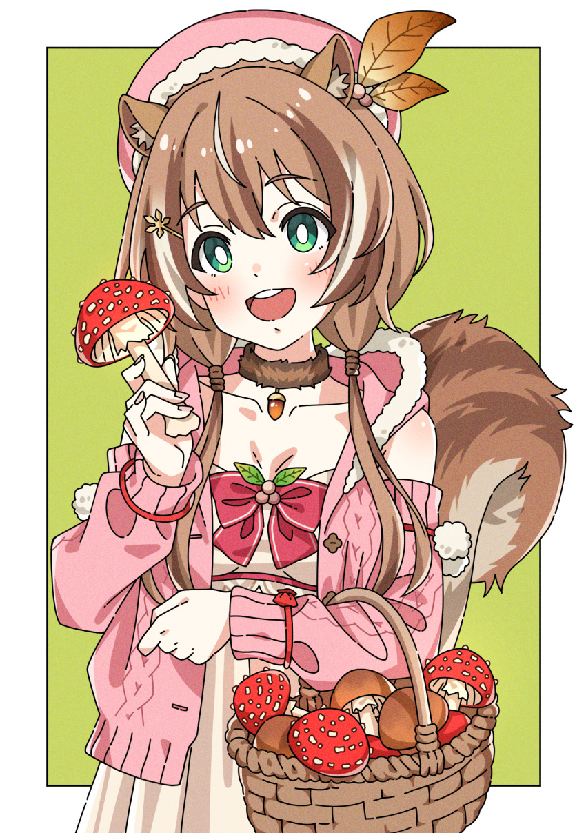 1girl, animal_ears, ayunda_risu, ayunda_risu_(1st_costume), basket, beret, border, brown_hair
