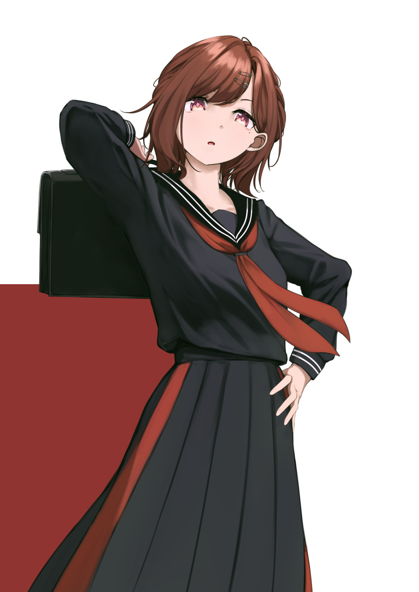 1girl, absurdres, bag, black_serafuku, brown_hair, clearline, hand_on_own_hip, highres