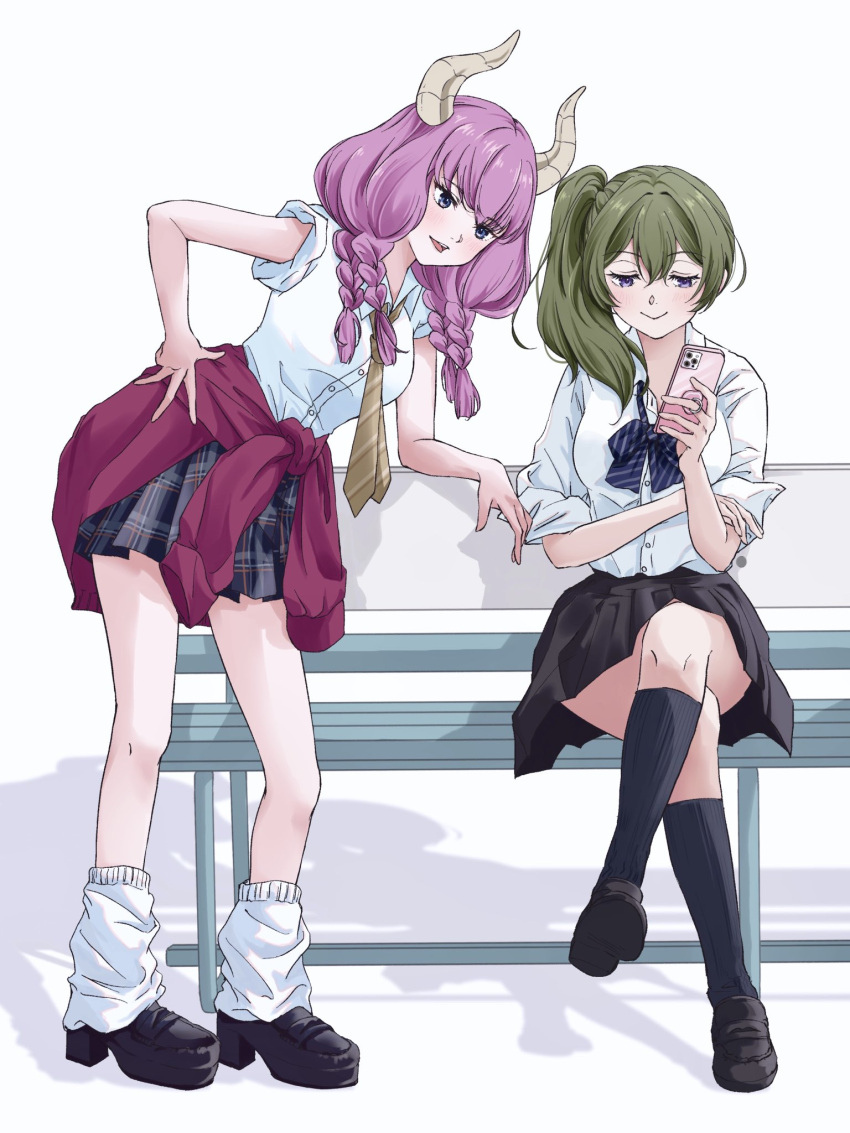 2girls, :>, aura_(sousou_no_frieren), bench, black_footwear, black_skirt, black_socks, blue_bow, blue_bowtie, bow, bowtie, braid, cellphone, clothes_around_waist, commentary_request, contemporary, crossed_legs, demon_girl, demon_horns, diagonal-striped_bow, diagonal-striped_bowtie, diagonal-striped_clothes, diagonal-striped_necktie, eyelashes, full_body, high_heels, highres, holding, holding_phone, horns, loafers, long_hair, looking_at_another, looking_down, loose_socks, multiple_girls, necktie, omichi_1219, outdoors, parted_lips, phone, plaid, plaid_skirt, pleated_skirt, red_sweater, school_uniform, shirt, shoes, side_ponytail, simple_background, sitting, skirt, sleeves_rolled_up, smartphone, socks, sousou_no_frieren, striped_clothes, sweater, sweater_around_waist, ubel_(sousou_no_frieren), unworn_sweater, violet_eyes, white_background, white_shirt, white_socks, yellow_necktie