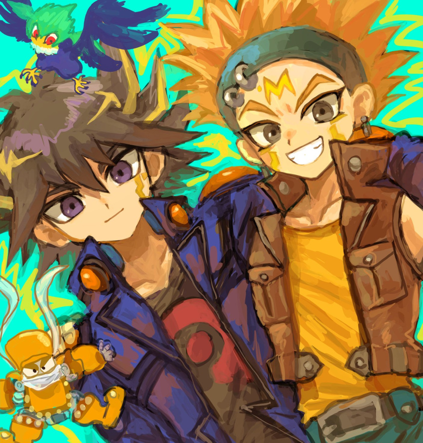 arm_on_another's_shoulder, bifuteki_(bi_futeki), blackwing_gale_the_whirlwind, blue_eyes, blue_headband, crow_hogan, dangle_earrings, duel_monster