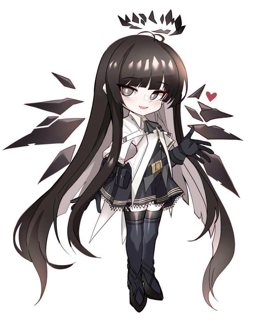 1girl, absurdres, arknights, bag, black_eyes, black_hair, black_skirt, black_thighhighs, broken_halo, collared_jacket, dark_halo, detached_wings, energy_wings, full_body, gloves, godgamesc2, halo, heart, highres, hime_cut, jacket, long_hair, long_sleeves, pleated_skirt, shards, short-sleeved_jacket, short_sleeves, sideways_glance, simple_background, skirt, smile, solo, standing, strap, thigh-highs, very_long_hair, virtuosa_(arknights), white_background, wings
