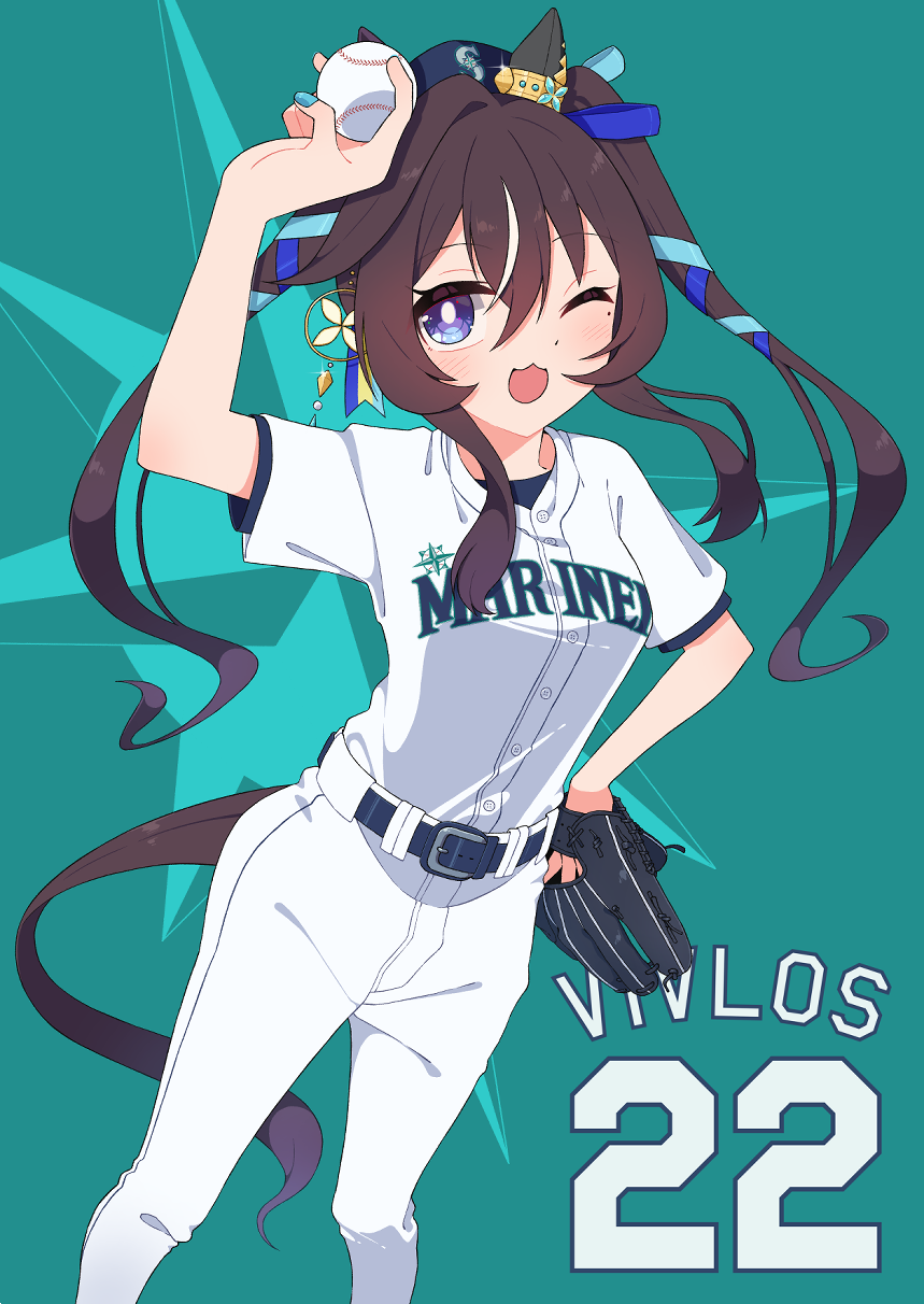 animal_ears, baseball_(object), baseball_cap, baseball_mitt, baseball_uniform, blue_eyes, blue_ribbon, brown_hair