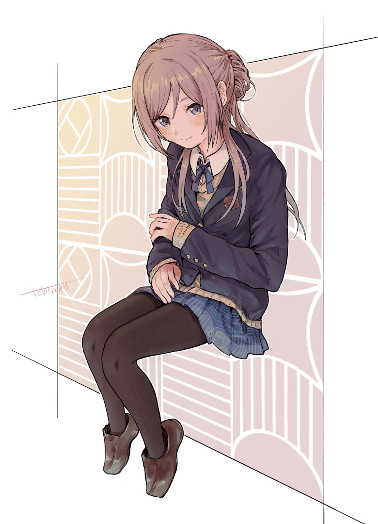 1girl, black_pantyhose, blue_eyes, blue_jacket, blue_ribbon, blue_skirt, blush, brown_footwear