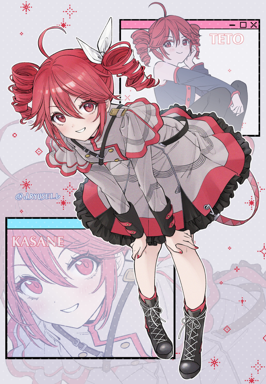 2girls, absurdres, ahoge, arm_on_knee, black_footwear, black_shirt, black_skirt, blush, boots, buttons, character_name, closed_mouth, commentary_request, cross-laced_footwear, detached_sleeves, double-breasted, drill_hair, dual_persona, epaulettes, frilled_skirt, frills, full_body, grey_background, grey_jacket, grey_skirt, grin, hand_on_own_chin, hands_on_own_knees, highres, jacket, kasane_teto, kasane_teto_(sv), knee_boots, kneehighs, layered_skirt, leaning_forward, long_sleeves, looking_at_viewer, multiple_girls, pixelated, polka_dot, polka_dot_background, projected_inset, red_eyes, red_nails, red_socks, redhead, revision, ryusei_(ryusei_b), shirt, short_hair, shoulder_belt, skirt, sleeveless, sleeveless_shirt, smile, socks, sparkle, synthesizer_v, thigh_boots, twin_drills, twintails, twitter_username, uniform, utau, window_(computing), zoom_layer