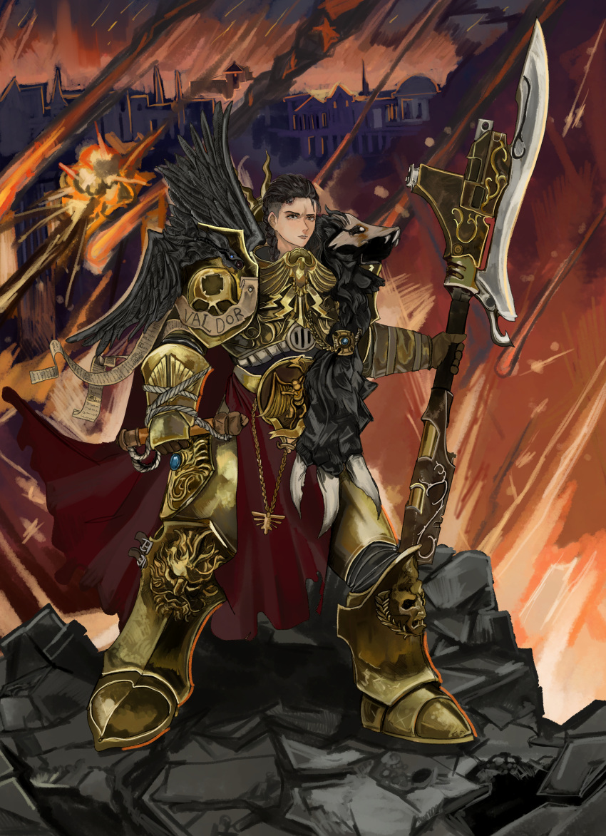 absurdres, adeptus_custodes, armor, cloak, commission, constantin_valdor, feathers, gauntlets