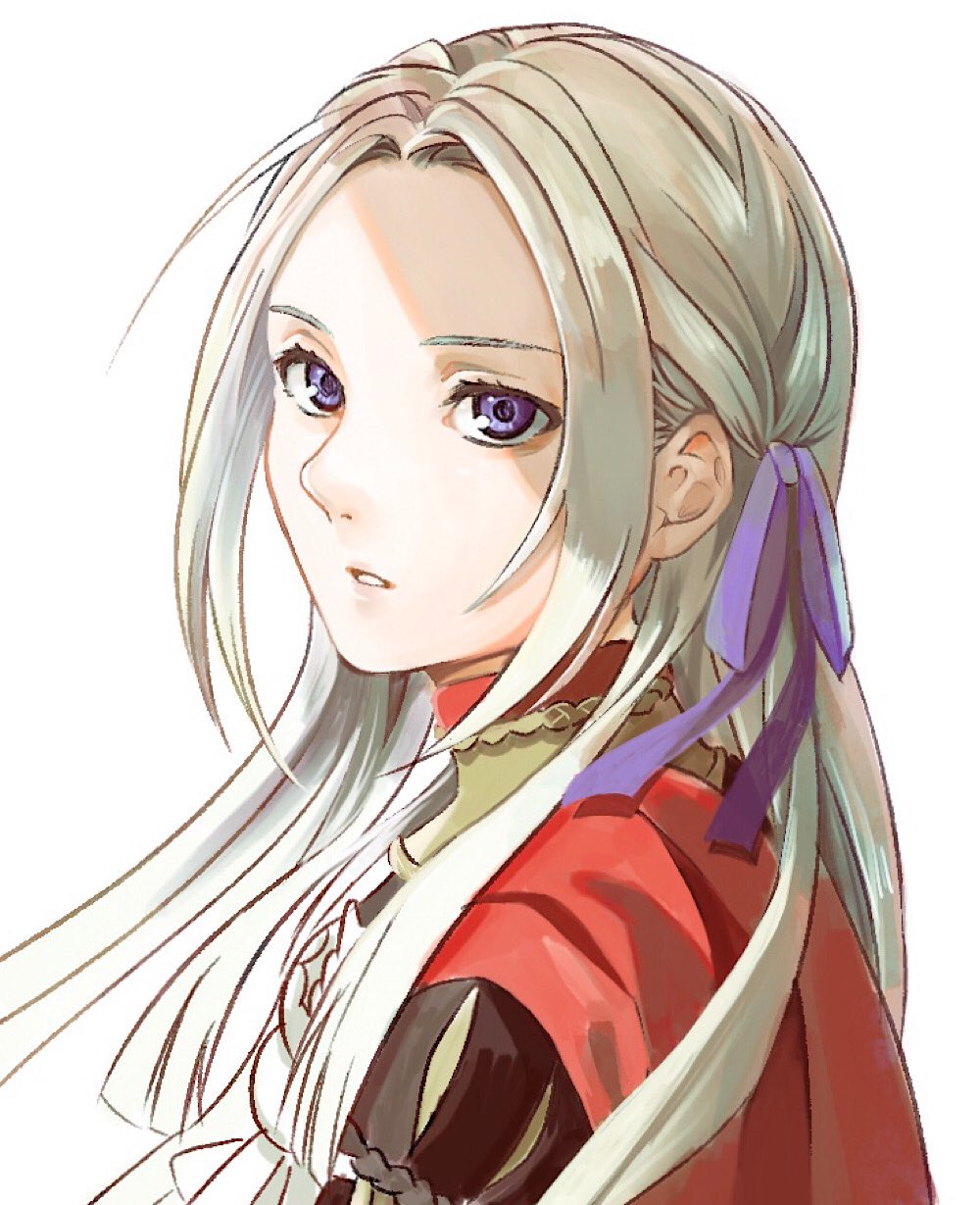 1inuinuinui1, cape, edelgard_von_hresvelg, fire_emblem, fire_emblem:_three_houses, garreg_mach_monastery_uniform, highres, looking_at_viewer, portrait, purple_ribbon, red_cape, ribbon, side_cape, violet_eyes, white_hair