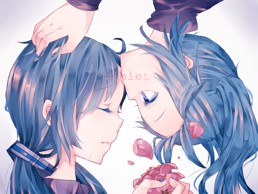 blue_eyes, blue_hair, dual_persona, flower, forehead_kiss, hatsune_miku, itamidome, kiss