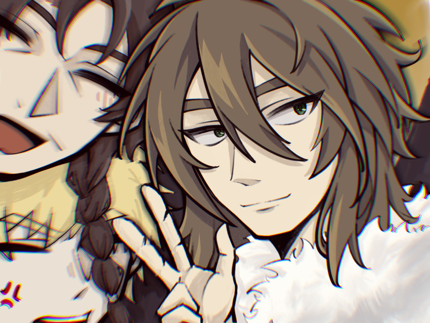 3boys, anger_vein, atou_haruki, blonde_hair, braid, brown_hair, chinese_commentary, chromatic_aberration