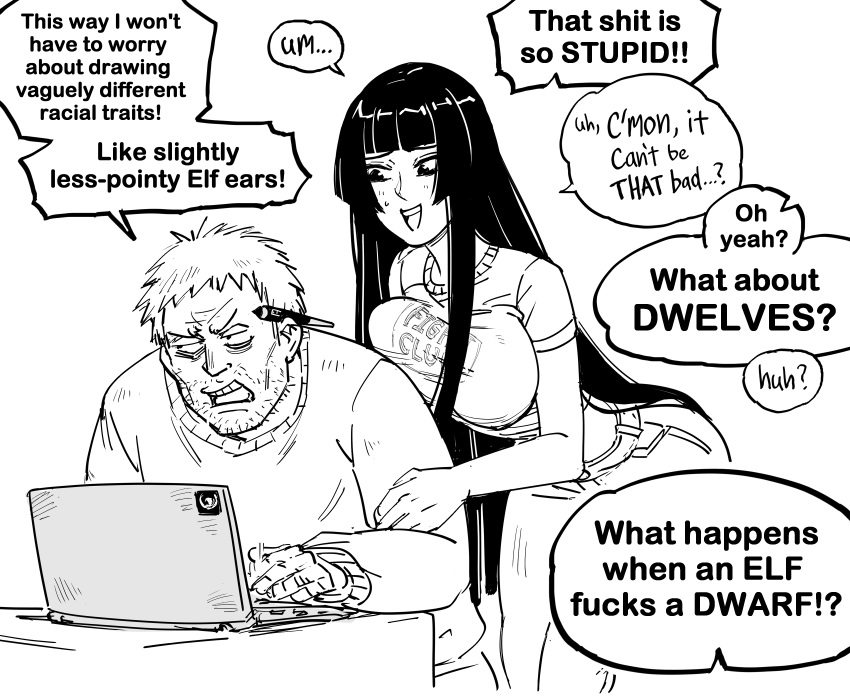 1boy, 1girl, absurdres, bb_(baalbuddy), black_hair, breasts, computer, english_text, fight_club, greyscale, highres, hime_cut, hime_cut_wife_(baalbuddy), hug, laptop, large_breasts, long_hair, looking_at_object, monochrome, multiple_boys, multiple_girls, original, shirt, shorts, speech_bubble, typing