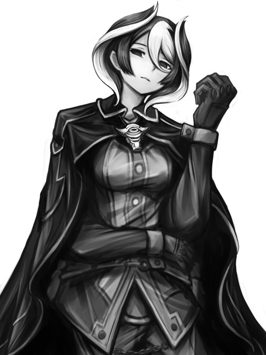1girl, buttons, chain, clenched_hand, cloak, closed_mouth, collared_cloak, empty_eyes