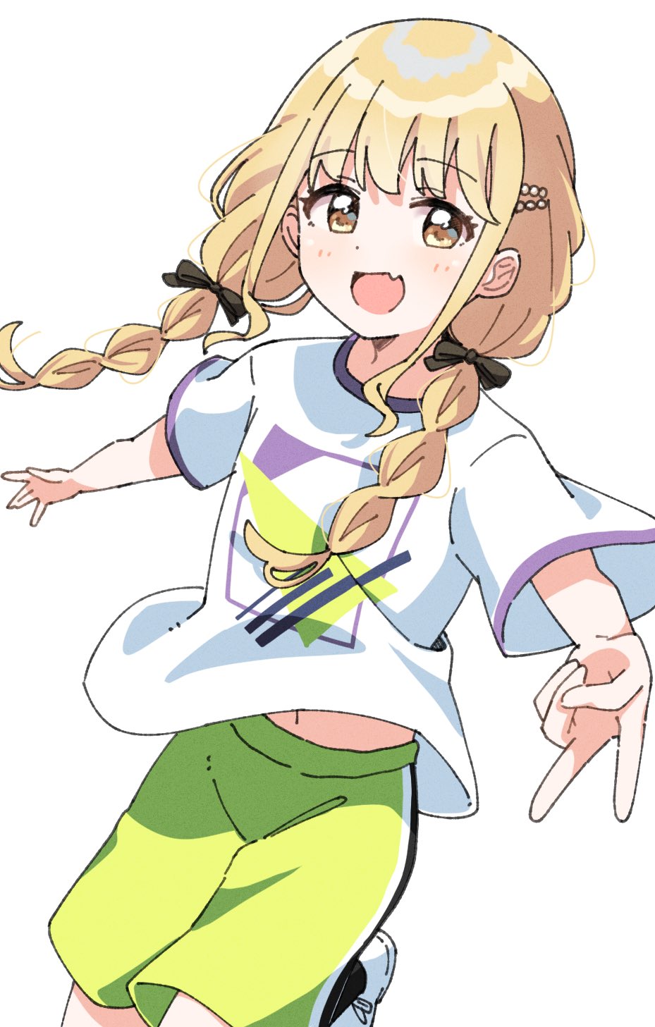1girl, blonde_hair, bow, braid, brown_eyes, chartreuse_green_t-shirt, fang, fujita_kotone