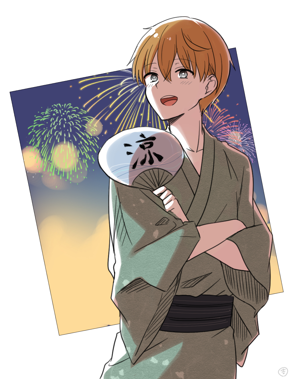 1boy, blush, brown_hair, crossed_arms, enkichi, fireworks, green_kimono, grey_eyes
