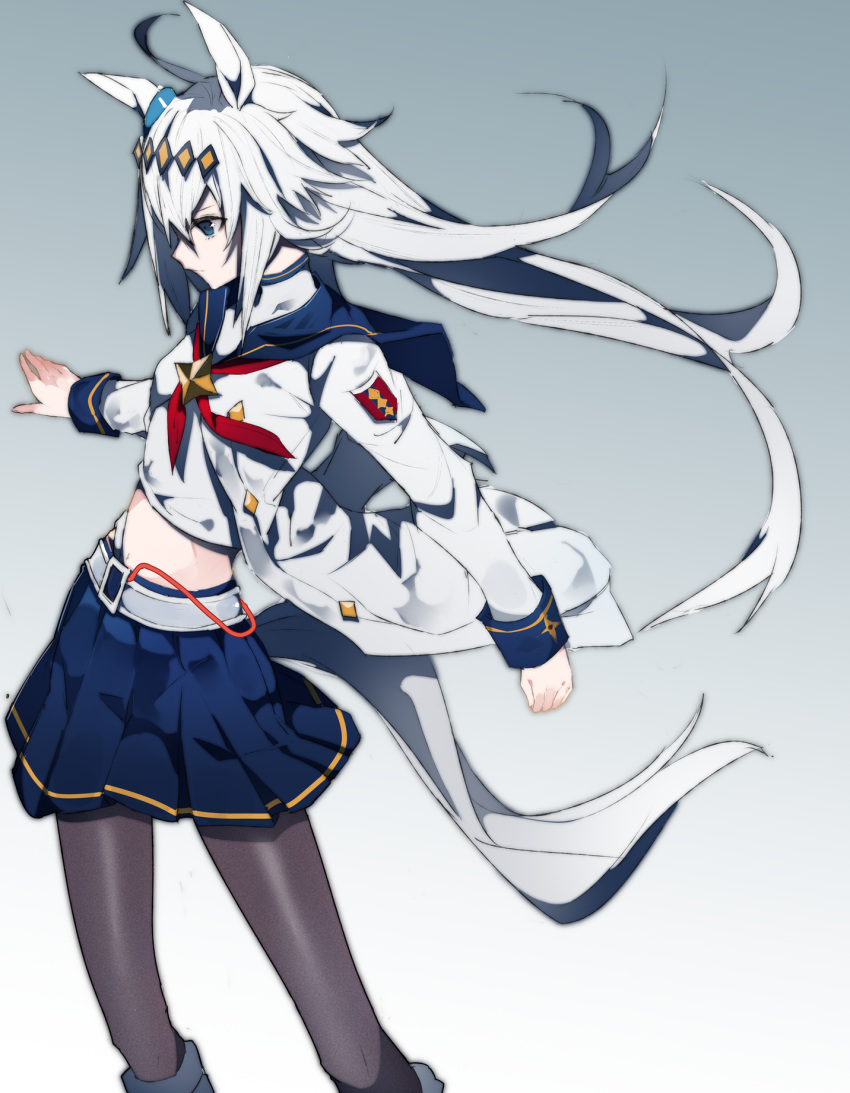 1girl, ahoge, animal_ears, belt, black_pantyhose, blue_eyes, bow, ear_bow