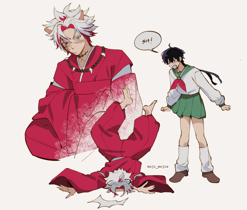 2boys, absurdres, animal_ears, bead_necklace, beads, black_hair, cosplay, crossdressing, dog_ears, green_skirt, highres, higurashi_kagome, higurashi_kagome_(cosplay), inuyasha, inuyasha_(character), inuyasha_(character)_(cosplay), japanese_clothes, jewelry, long_sleeves, moji_mojis, multiple_boys, necklace, open_mouth, rover_(wuthering_waves), scar_(wuthering_waves), school_uniform, serafuku, skirt, speech_bubble, white_hair, white_serafuku, wide_sleeves, wuthering_waves