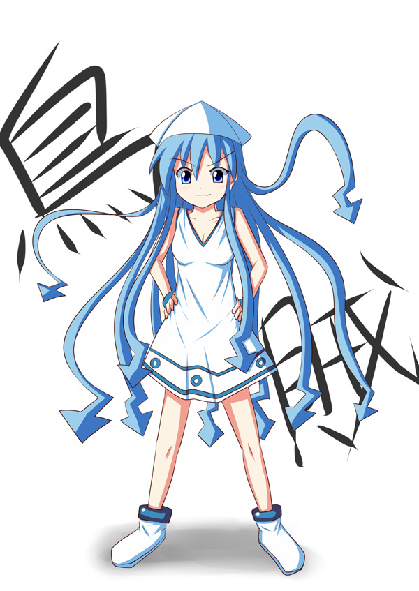 blue_hair, hands_on_hips, hat, ikamusume, long_hair, shinryaku!_ikamusume, smile, solo
