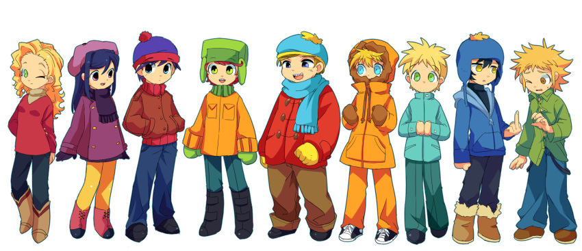 >_o, 2girls, 6+boys, baggy_pants, beanie, bebe_stevens, beret, black_hair