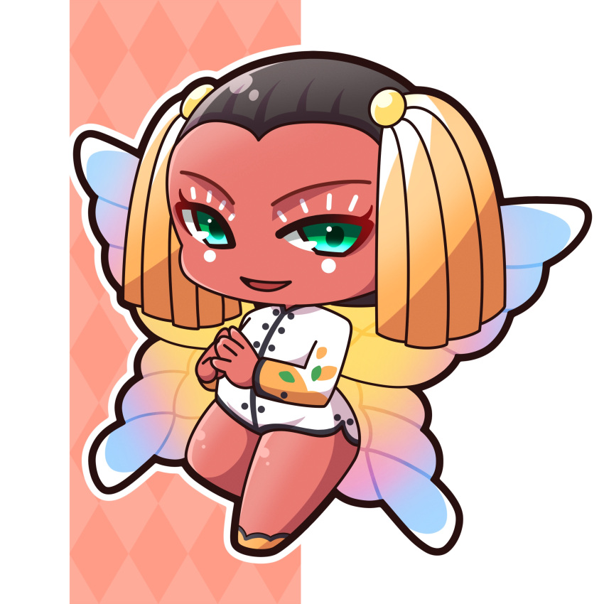 1girl, :d, absurdres, argyle_background, bare_legs, black_hair, blonde_hair, chibi