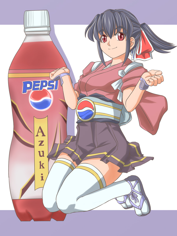 brown_eyes, food_themed_clothes, iijimatakatoshi, japanese_clothes, original, pepsi, personification, product_placement, solo, thigh-highs, thighhighs, white_legwear, white_thighhighs