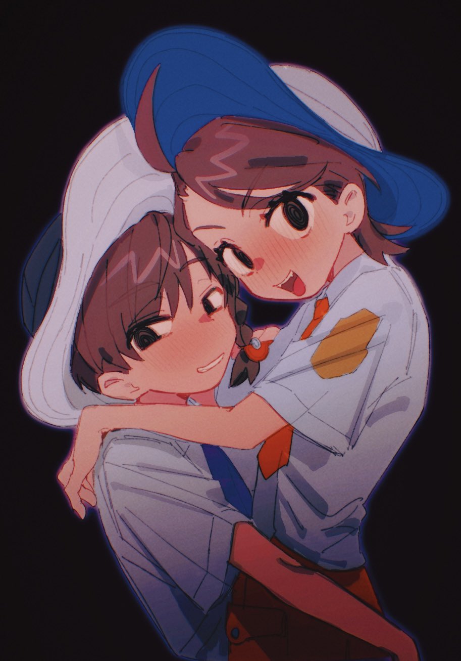 1boy, 1girl, black_background, black_eyes, blue_necktie, blush, brown_hair, florian_(pokemon), grey_shirt, hat, highres, juliana_(pokemon), kuma_8311, looking_at_viewer, naranja_academy_school_uniform, necktie, open_mouth, orange_necktie, pokemon, pokemon_sv, school_uniform, shirt, short_sleeves, simple_background, upper_body, uva_academy_school_uniform