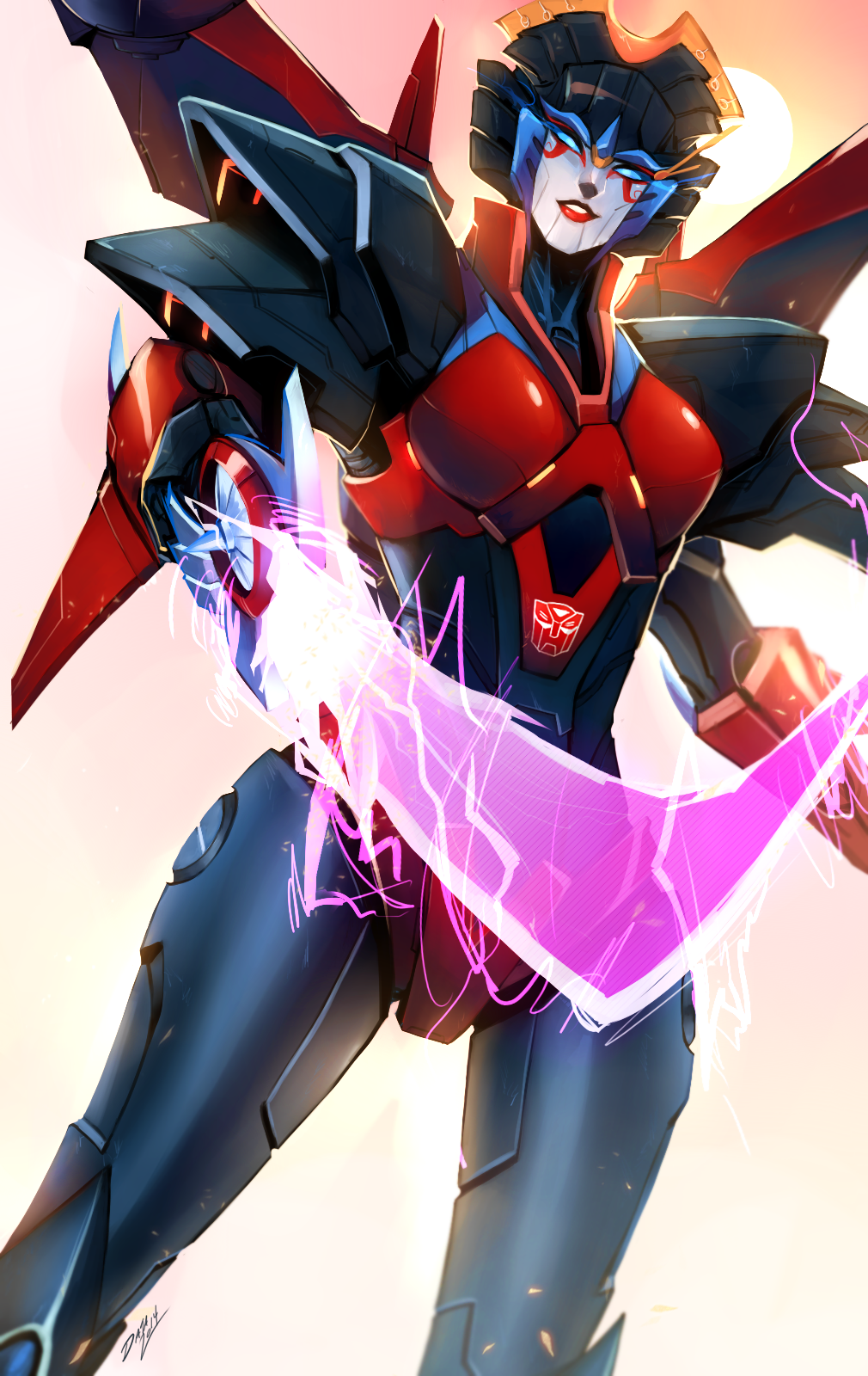 1girl, armor, autobot, blue_eyes, breasts, dataglitch, energy_sword, highres